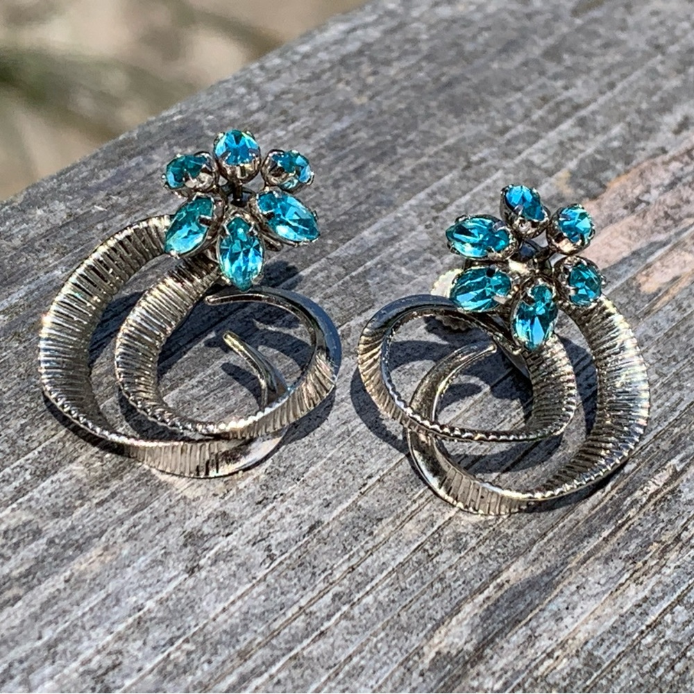 Sterling Bond Boyd Earrings with Light Blue Crystal Rhinestones Flower Shape